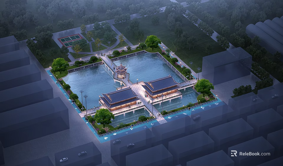 Ancient Chinese Architecture Complex With Pond Pavilion And Green Surroundings 3d model 