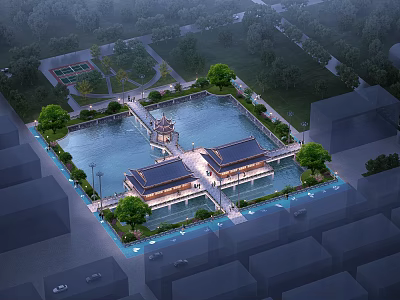 Ancient Chinese Architecture Complex With Pond Pavilion And Green Surroundings 3d model