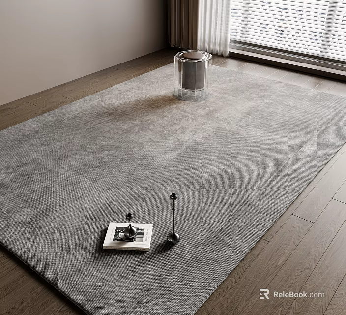 Gray Square Rug on Wooden Floor with Transparent Trash Can and Small Decor Items 3d model 