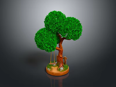 Green leafy tree with brown trunk and swing on circular base with small stones 3d model