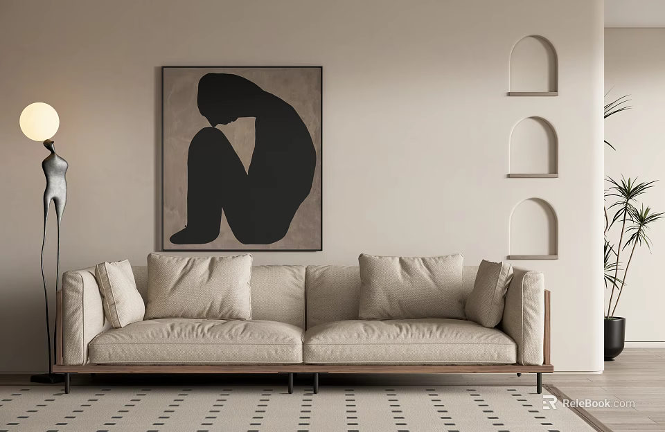 Beige Sectional Sofa In Modern Living Room With Black Abstract Art And Arched Wall Shelves 3d model 