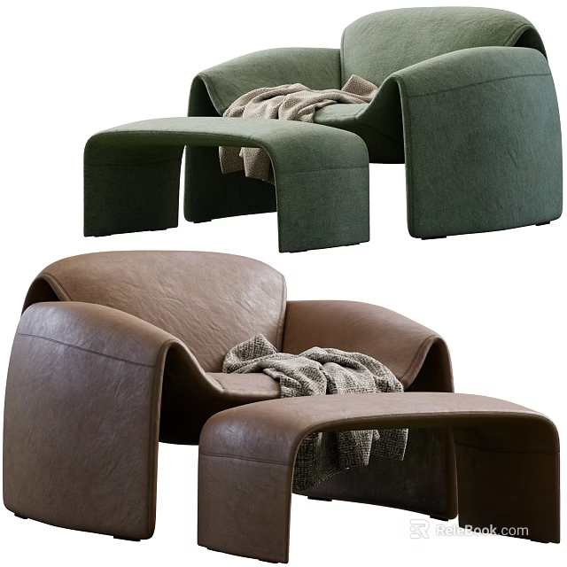 Modern Green and Brown Accent Chairs with Ottoman and Plush Blanket 3d model 