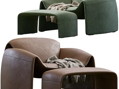 Modern Green and Brown Accent Chairs with Ottoman and Plush Blanket 3d model