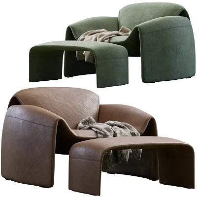 Modern Green and Brown Accent Chairs with Ottoman and Plush Blanket 3d model