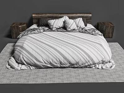 Double Bed with Striped Bedspread Pillows on Wooden Headboard and Nightstands on Textured Rug 3d model