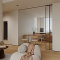Modern Living Dining Room Interior With Large Windows Roller Blinds City View And Green Plants