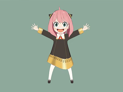 Anime Character With Pink Hair Cat Ears Wearing Black Dress Arms Outstretched Happy Expression 3d model