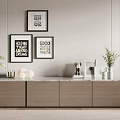 Modern Living Room TV Stand With Wooden Cabinet Marble Top Wall Art And Green Plant