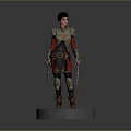 3D Female Warrior Character In Medieval Armor With Dual Swords Standing On White Base