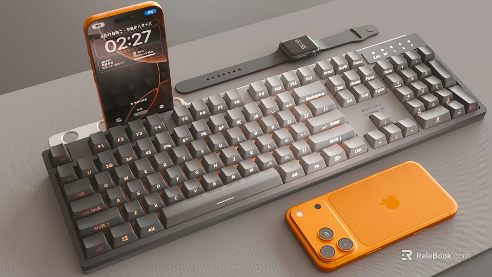 Mechanical Computer Keyboard Desktop Setup With Orange Smartphone And Smartwatch 3d model 