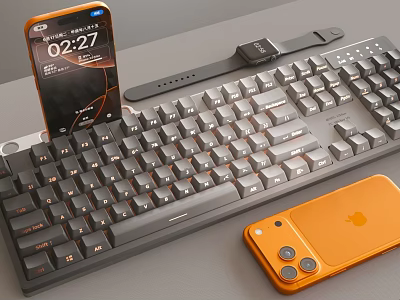 Mechanical Computer Keyboard Desktop Setup With Orange Smartphone And Smartwatch 3d model