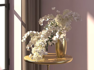 Golden Vase With White Flowers On Golden Side Table By Gray Curtains In Sunlit Room 3d model