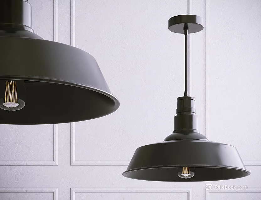 Modern Black Pendant Lights With Metal Shades And Exposed Bulbs On White Paneled Wall 3d model 