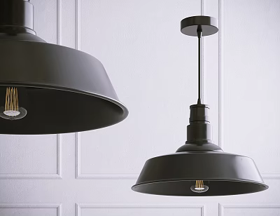 Modern Black Pendant Lights With Metal Shades And Exposed Bulbs On White Paneled Wall 3d model