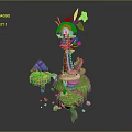 Vibrant Orange Character And Flower Creature On Green Floating Island Grass With Rocks