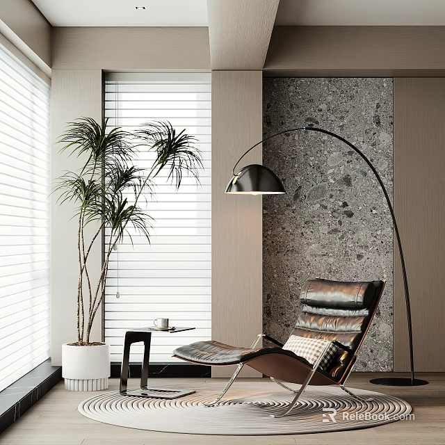 Modern Leather Lounge Chair Interior With Floor Lamp Stone Wall Side Table and Potted Plant 3d model 