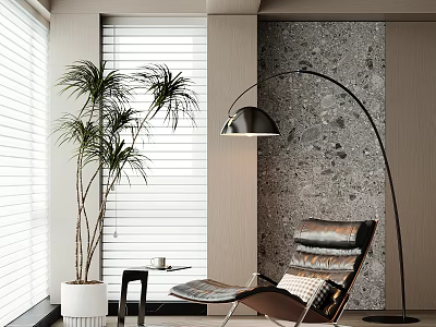 Modern Leather Lounge Chair Interior With Floor Lamp Stone Wall Side Table and Potted Plant 3d model