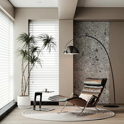 Modern Leather Lounge Chair Interior With Floor Lamp Stone Wall Side Table and Potted Plant 3d model