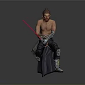Bald Bearded Shirtless Character In Black Pants Sitting With Metal Arm Guards And Pink Sword