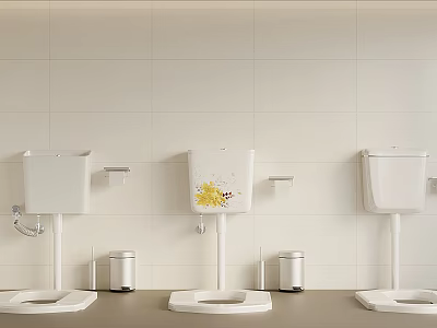 Three Toilets With Tanks Against Light Tiled Wall Middle Tank Yellow Pattern And Trash Bins 3d model