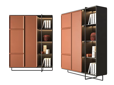 Modern Bookcase With Leather Paneled Doors Metal Frame Open Shelves Books And Decorative Items 3d model