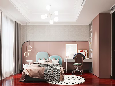 Modern Kids Room Interior Design With Pink Blue Headboard Round Rug Desk Chair And Bookshelf 3d model