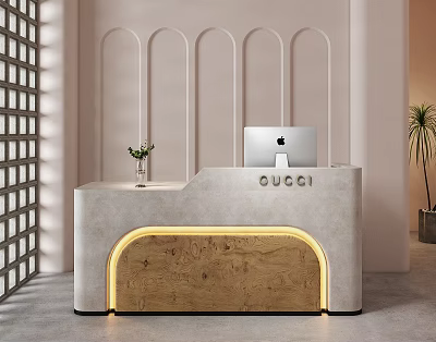 Gucci Modern Store Front Desk With Curved LED Light Marble Top And Computer 3d model