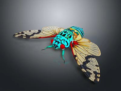 Colorful Cicada Featuring Vibrant Blue Green Red Colors and Transparent Wings with Black Patterns 3d model