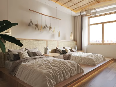 Serene Bedroom Interior Design With Twin Beds Woven Headboard Wooden Ceiling And Feather Decorations 3d model