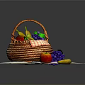Fresh Assorted Fruits in Wicker Basket on Checkered Cloth with Knife and Scattered Pieces