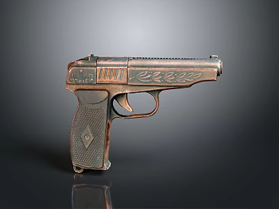 Vintage Pistol With Bronze Metallic Finish Engraved Details And Diamond Patterned Grip 3d model