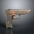 Vintage Pistol With Bronze Metallic Finish Engraved Details And Diamond Patterned Grip
