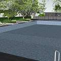 Tranquil Residential Landscape With Swimming Pool Lush Trees Green Plants And Lounge Chairs