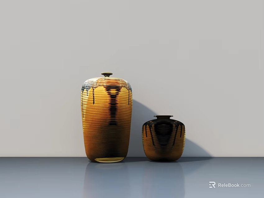 Brown And Yellow Striped Ceramic Vessels In Different Sizes On Smooth Surface Against White Background 3d model