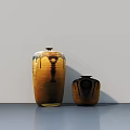 Brown And Yellow Striped Ceramic Vessels In Different Sizes On Smooth Surface Against White Background 3d model