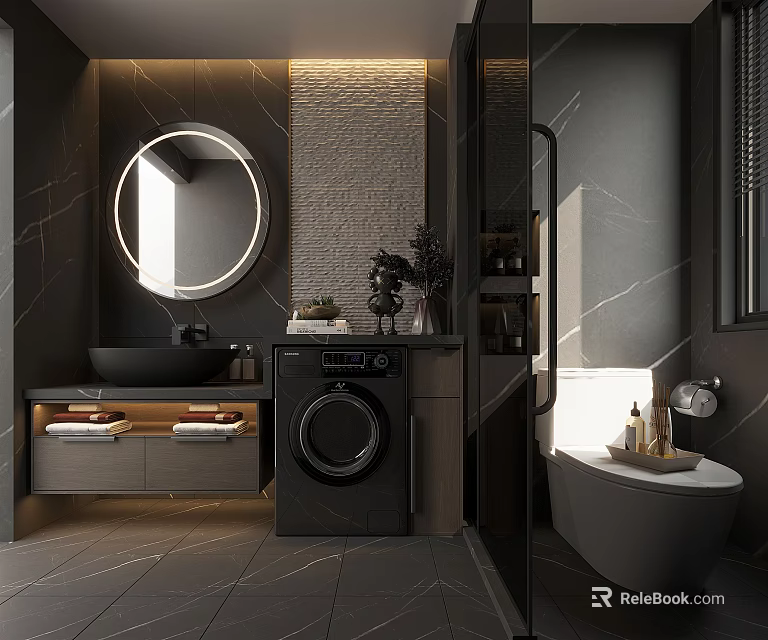 Modern Bathroom Interior Design With Round Mirror Black Sink Washing Machine And Marble Tiles 3d model 