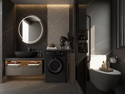 Modern Bathroom Interior Design With Round Mirror Black Sink Washing Machine And Marble Tiles 3d model