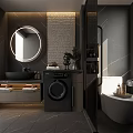 Modern Bathroom Interior Design With Round Mirror Black Sink Washing Machine And Marble Tiles