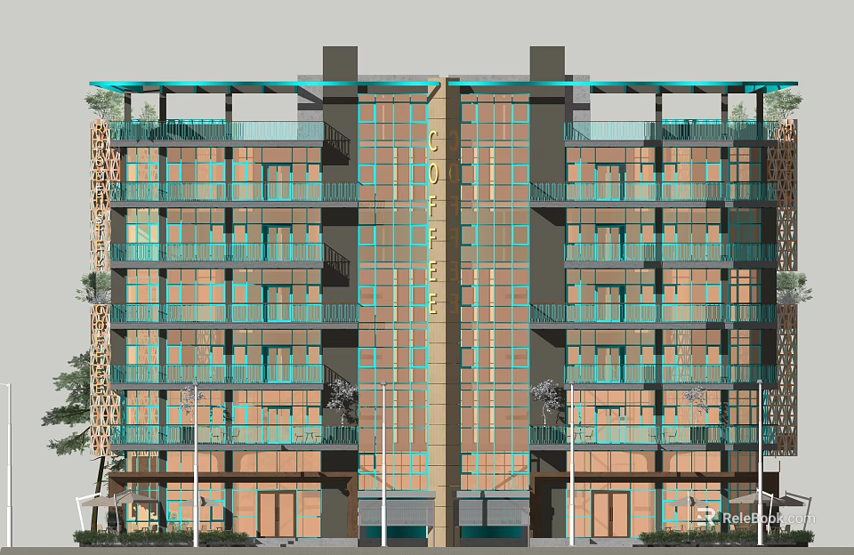 Modern Hotel Building Exterior With Glass Curtain Wall Balconies And Greenery 3d model 