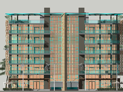 Modern Hotel Building Exterior With Glass Curtain Wall Balconies And Greenery 3d model