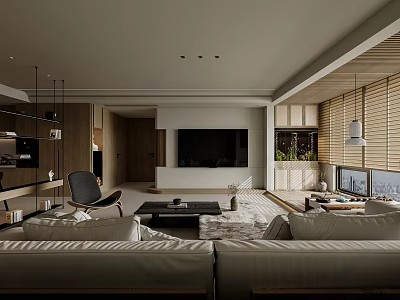 Open Layout Modern Living and Dining Room Interior With Beige Sofa TV Wooden Furniture Blinds 3d model