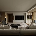 Open Layout Modern Living and Dining Room Interior With Beige Sofa TV Wooden Furniture Blinds