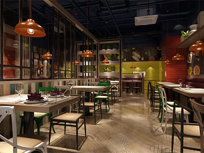 Modern Restaurant With Copper Pendant Lights Dark Ceiling Green Chairs And Dining Tables 3d model