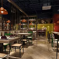Modern Restaurant With Copper Pendant Lights Dark Ceiling Green Chairs And Dining Tables