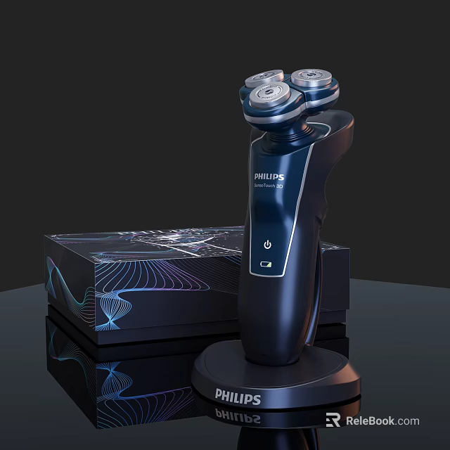 Philips Electric Shaver With Three Blade Heads On Charging Stand And Packaging Box 3d model 