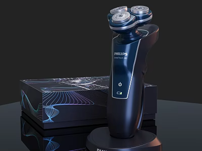 Philips Electric Shaver With Three Blade Heads On Charging Stand And Packaging Box 3d model