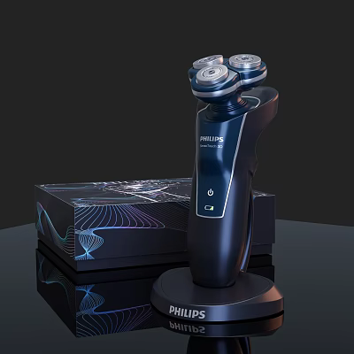 Philips Electric Shaver With Three Blade Heads On Charging Stand And Packaging Box 3d model
