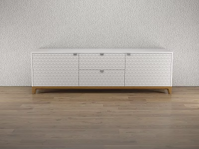 White TV Stand With Geometric Pattern Drawers Cabinets And Wooden Legs On Wooden Floor 3d model