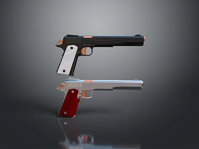 Two Crossed Pistols With Black White Silver Red Handles On Reflective Surface 3d model Two Crossed Pistols With Black White Silver Red Handles On Reflective Surface 3d model