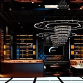 Modern Luxurious Bar Interior With Crystal Chandelier Circular Light Rings And Fire Light Effects